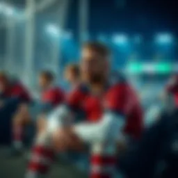 Player Hoerner sitting on the bench in sports gear looking disappointed, with teammates warming up in the background.