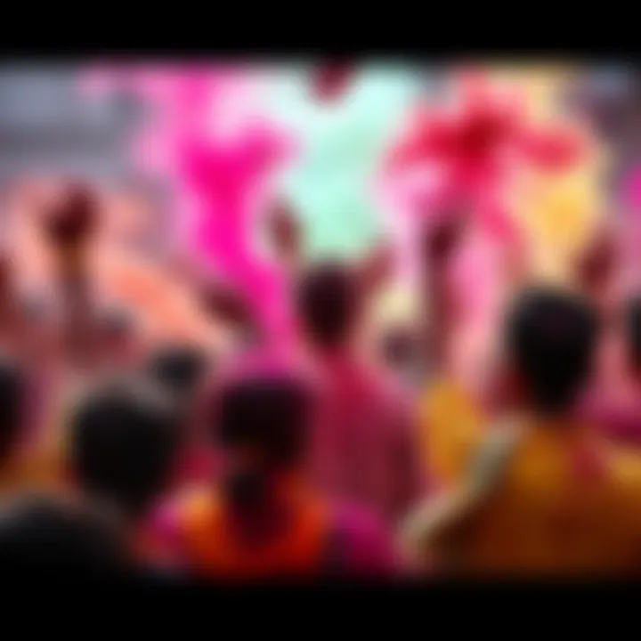 People celebrating Holi by throwing colorful powders in the air, creating a vibrant atmosphere.