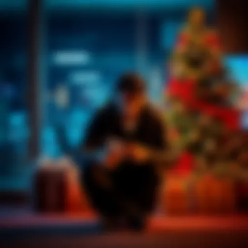 A person sitting alone by a holiday tree, looking worried and holding a gambling ticket, symbolizing the struggles of addiction during festive times.