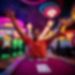 A joyful player at a casino table in Hollywood Park, showing excitement after winning big, surrounded by colorful lights and gaming machines.