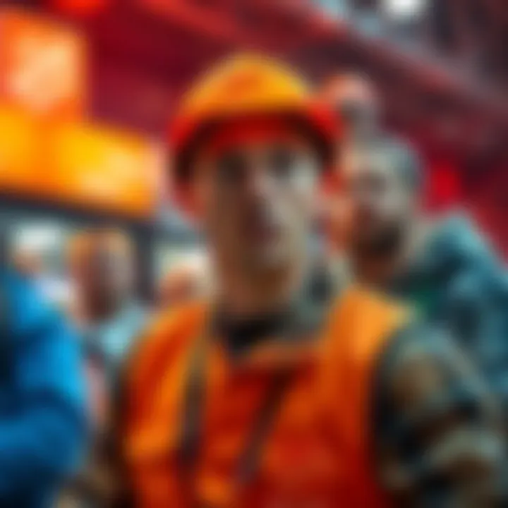 A part-time Home Depot worker looks surprised as he interrupts a sports bet, with a sports fan showing frustration in the background.