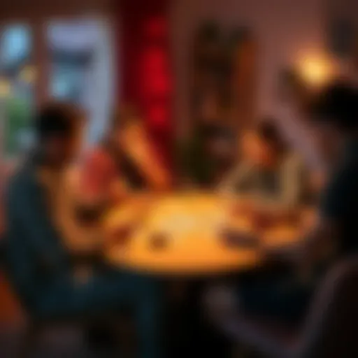 A group of friends gathered around a table playing a card game in a cozy living room setting.