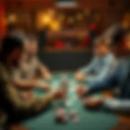 A group of friends sitting around a table playing poker without rake, focused on their cards and chips, showcasing a friendly competition