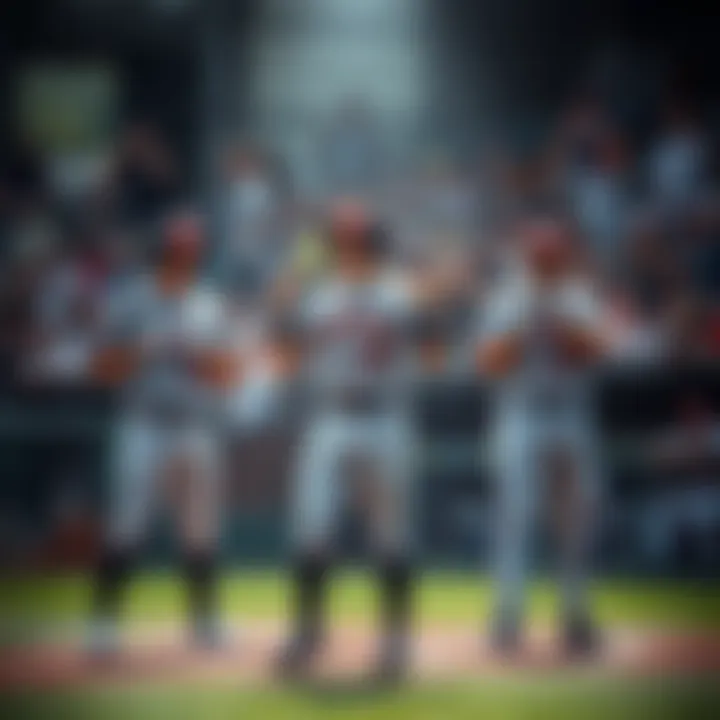 Three baseball players warming up for a home run derby, with one player holding a bat, and fans cheering in the background.