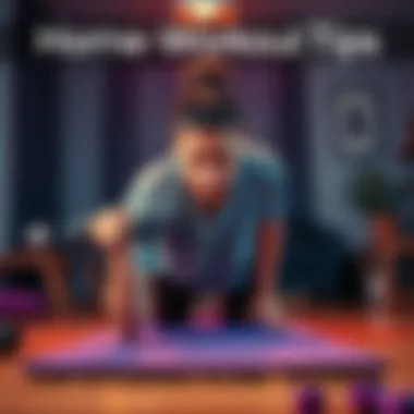 A person exercising at home, using simple equipment like dumbbells and a yoga mat, focused on fitness and motivation.