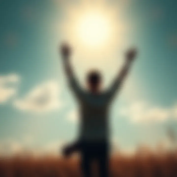 A person standing with arms raised towards the sky, symbolizing strength and hope in difficult times.