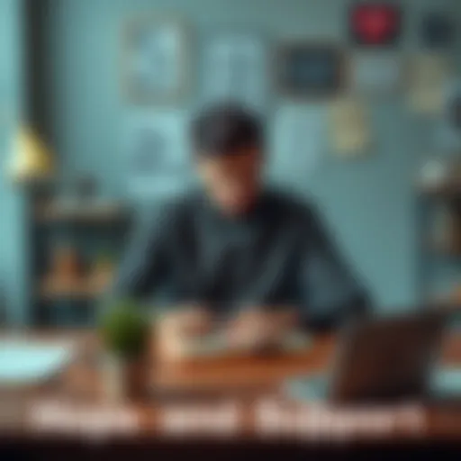 A person sitting at a desk with a notebook, writing down goals and aspirations, surrounded by motivational quotes and a small plant for a positive atmosphere.