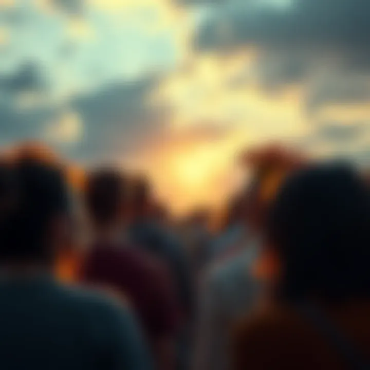 A group of diverse people looking towards a bright horizon, symbolizing hope and positive change.
