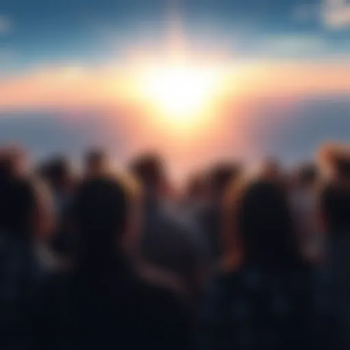 A group of diverse people looking towards a bright horizon, symbolizing hope and new beginnings in 2025.
