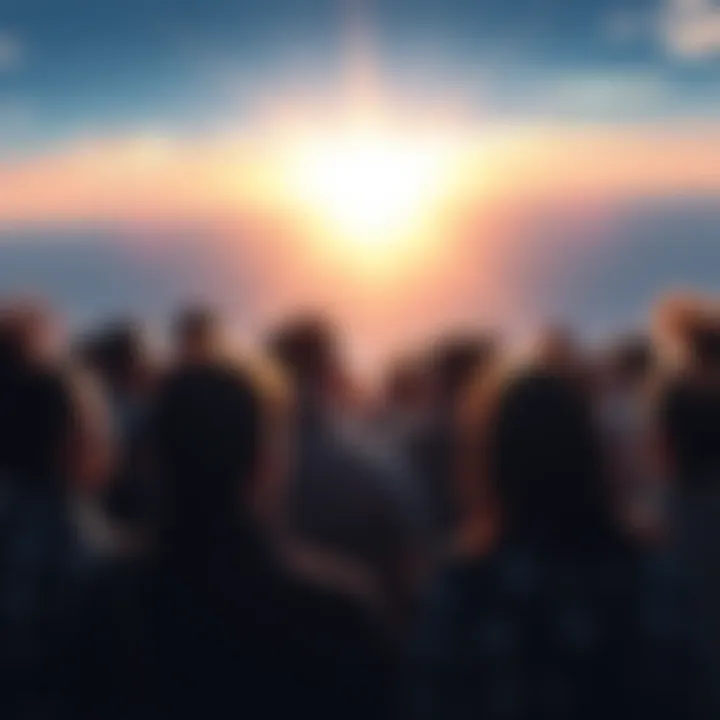 A group of diverse people looking towards a bright horizon, symbolizing hope and new beginnings in 2025.