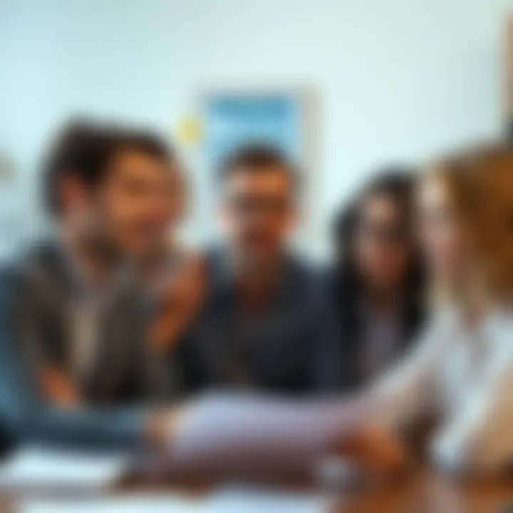 A group of people looking hopeful, discussing their financial concerns, with papers and a calendar in the background