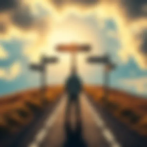 A person standing at a crossroads with signs pointing in different directions, symbolizing choices and hope for the future.