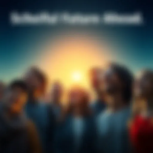 A diverse group of people smiling and looking toward a bright horizon, symbolizing change and new opportunities.