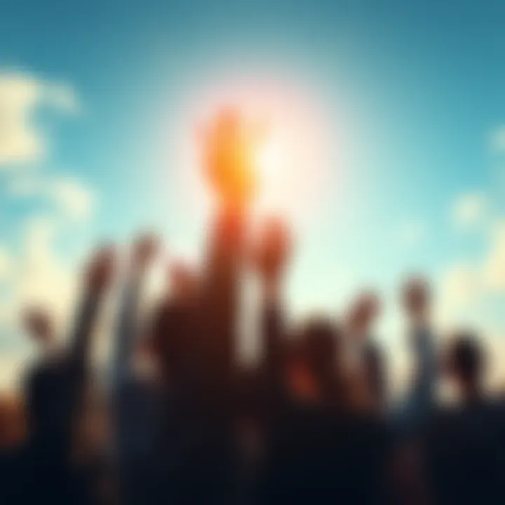 A group of diverse people standing together with hands raised towards a bright sky, symbolizing faith and strength.