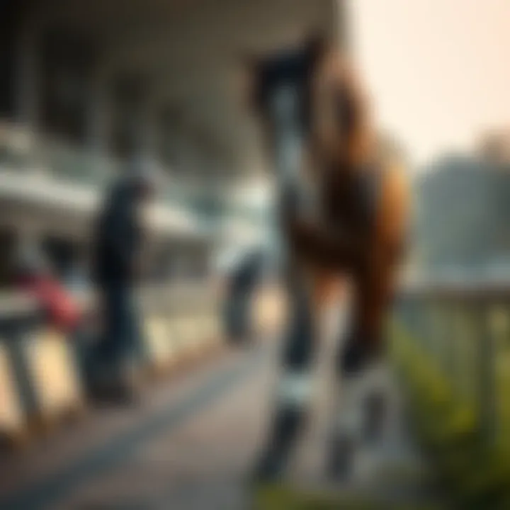 A horse with a wrapped ankle standing on the sidelines, showing disappointment after being unable to race in the Derby.