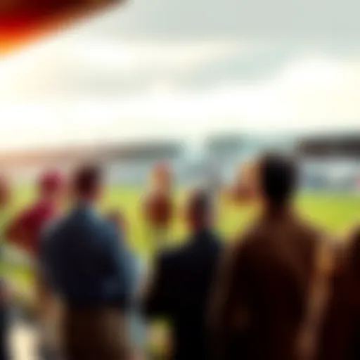 A group of people discussing Derby-Show betting strategies at a racetrack, featuring horses and spectators in the background