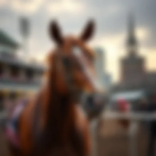 Citizen Bull, the horse favored by Bob, stands in a paddock with Burnham Square in the background