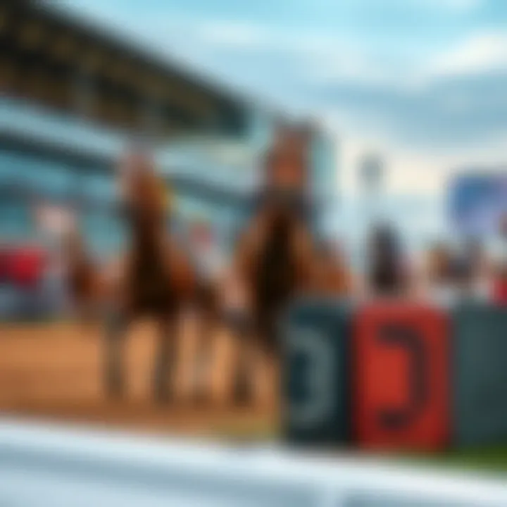 Exciting horse race with spectators cheering at the track near Kalamazoo and Chicago.