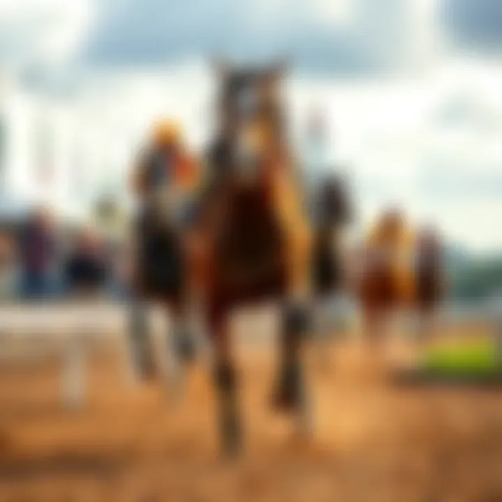 A vintage horse racing scene showcasing a powerful horse from the 1970s galloping down the racetrack during the Kentucky Derby, with spectators cheering in the background.