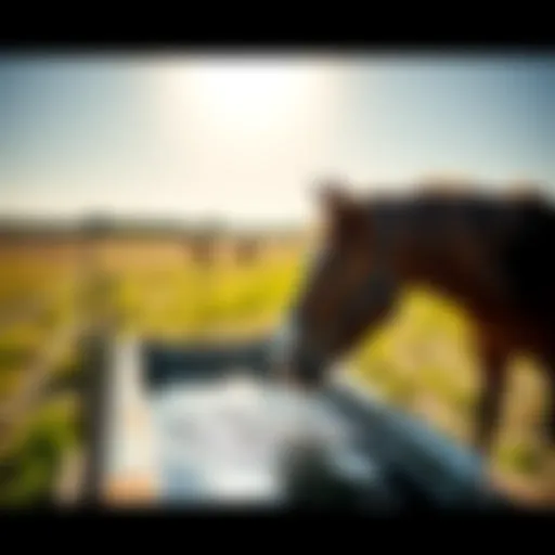 A horse drinking fresh water from a trough in a sunny field