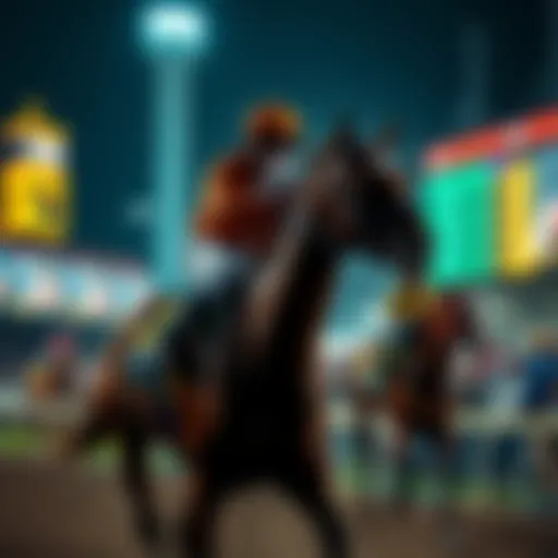 A jockey riding a horse at Churchill Downs during a race, with spectators in the background and betting options displayed on screens.