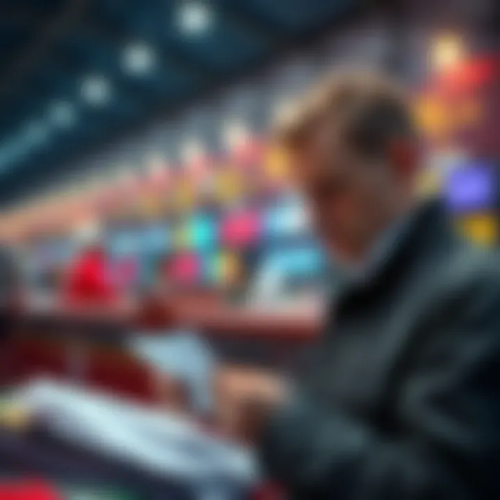 Horse racing bets A person placing bets on a horse racing event with a focused expression, surrounded by betting slips and a race program.