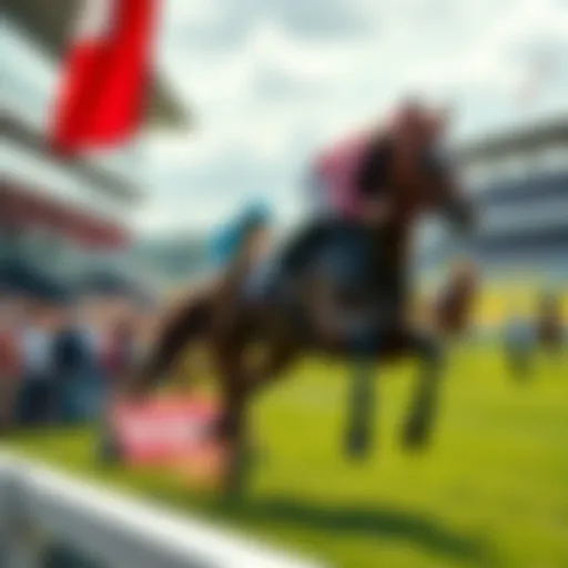 A horse racing scene showing a jockey in action on a racetrack, with spectators watching and banners around.