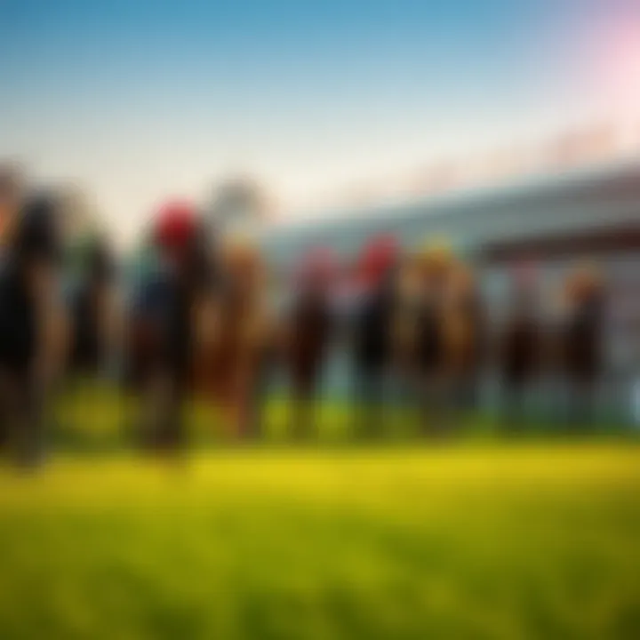A vibrant scene of horse racing with jockeys in colorful uniforms at the starting line, surrounded by cheering crowds.