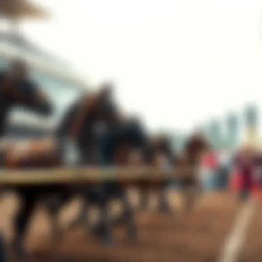 A group of horse racers at a starting line, with spectators in the background watching the race.