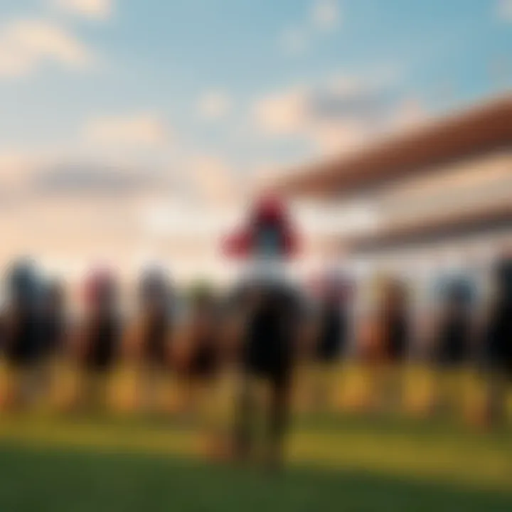 A lively horse racing scene with horses and jockeys racing on the track
