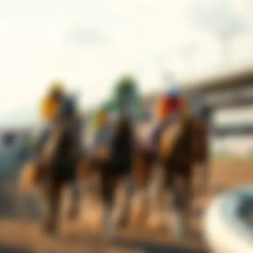 A bustling horse racing event showcasing horses and jockeys at the track, with spectators cheering in the background.