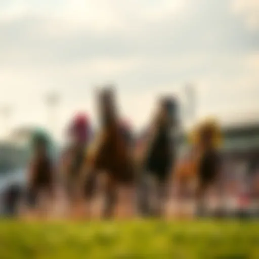 Exciting horse race taking place at a second-tier racetrack in the USA, with a crowd cheering in the background.