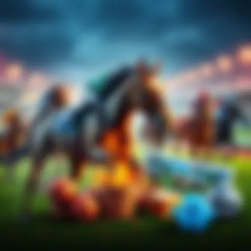 A collage of horse racing elements, including horses, racing tracks, and game graphics, representing management game concepts.