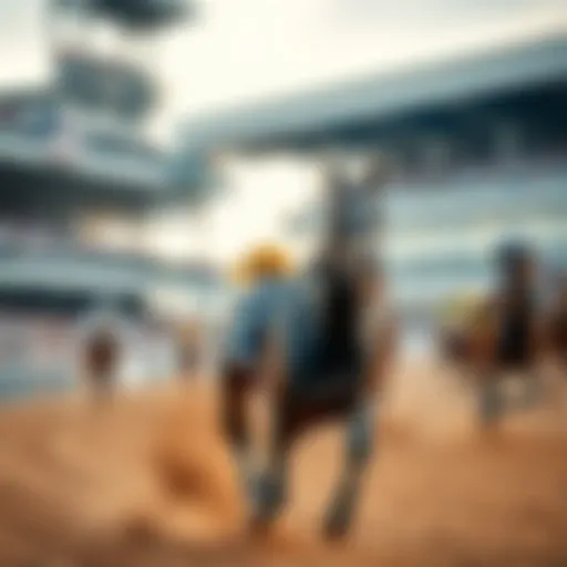 A close-up of a racehorse running on a track with blurred spectators in the background, showcasing the intensity of horse racing.