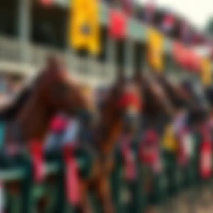 Excited horses in the starting gates during the Kentucky Derby race, surrounded by cheering crowds and vibrant banners.
