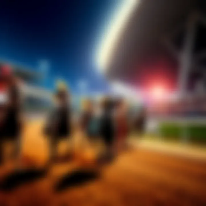 Horses running fast on the track during the Sunland Derby, with a cheering crowd in the background