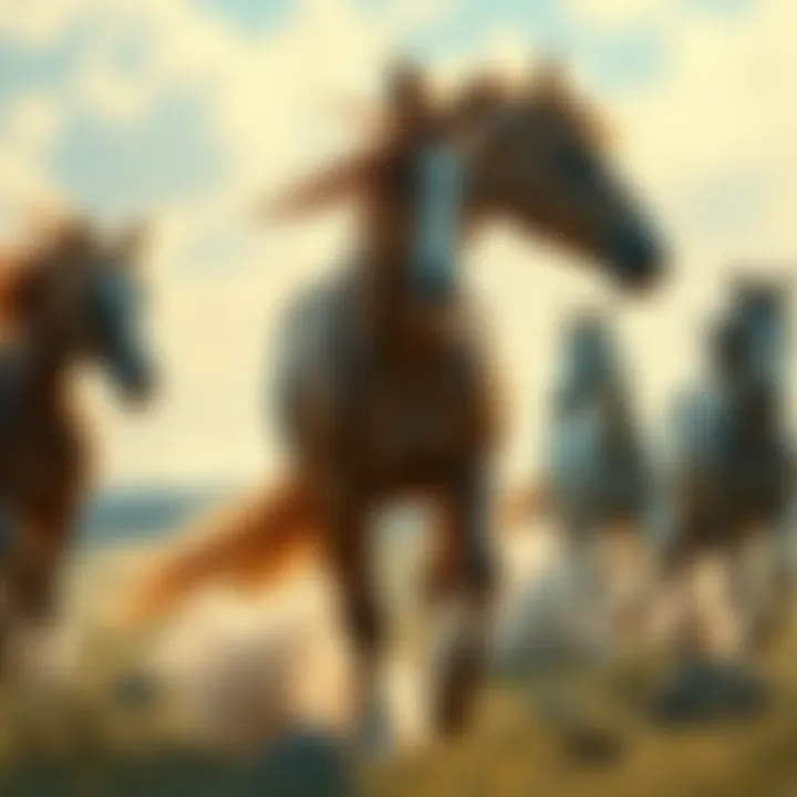 A beautiful oil painting featuring a group of horses in a natural setting, showcasing their grace and movement