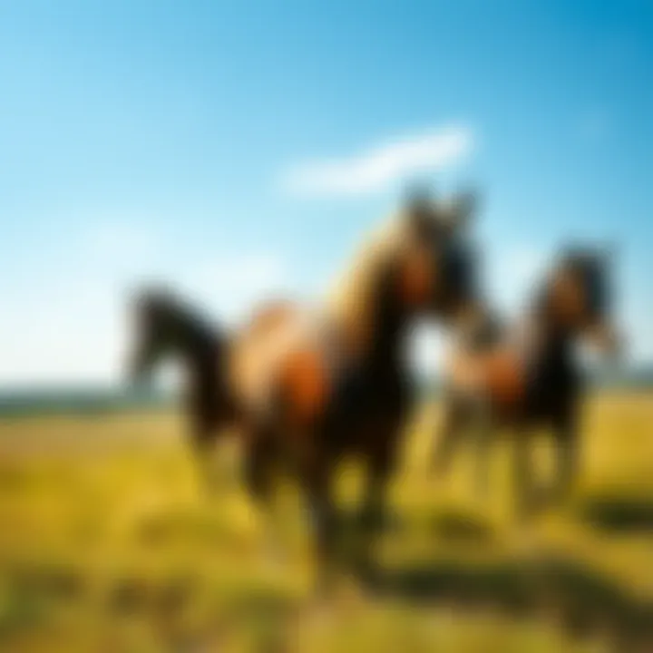 Horses grazing in a sunny southern pasture with blue skies