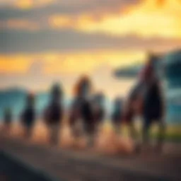 Several racehorses running on a track during the morning with a sunrise in the background