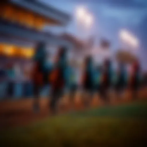 A group of racehorses running on a track during the Downs after Dark event, with spectators cheering in the background.