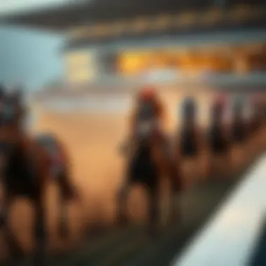 A dramatic scene of horses racing intensely on a racetrack, with a crowd in the background reflecting various emotions.