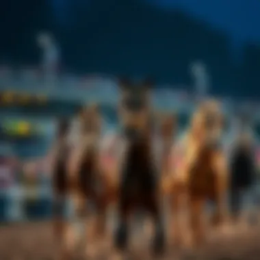 A scene of several horses racing during the Triple Crown event with spectators in the background