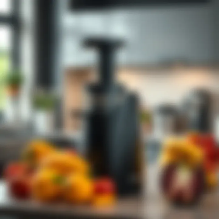 A Hot Ross juicer on a kitchen counter, with fresh fruits and vegetables around it for juicing, showcasing its sleek design and user-friendly features.