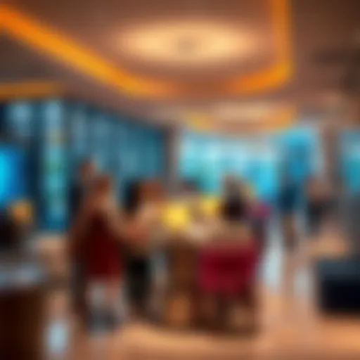 A visual of a hotel lobby with guests checking in and receiving compliments from staff, indicating excitement for 2026 hotel features.