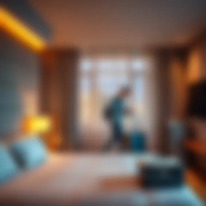 A traveler packing luggage in a hotel room to switch hotels during a trip, showcasing the concept of saving money by changing accommodations.
