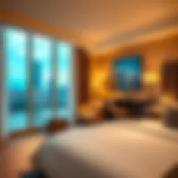 A luxurious hotel room showcasing upgraded amenities, such as a comfortable bed and a modern design, with a view of the city.