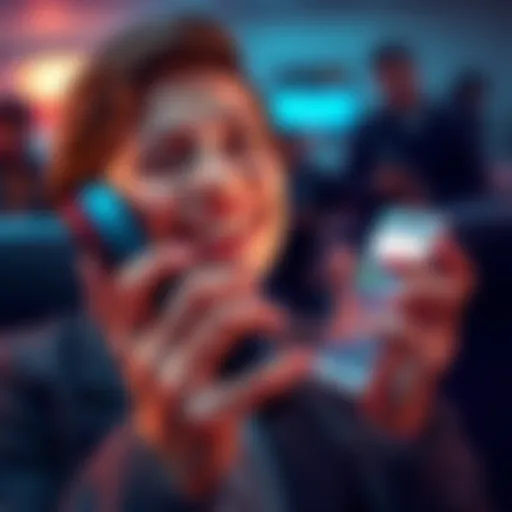 A person holding a phone, smiling and crying simultaneously, representing laughter and tears from a hotline call.