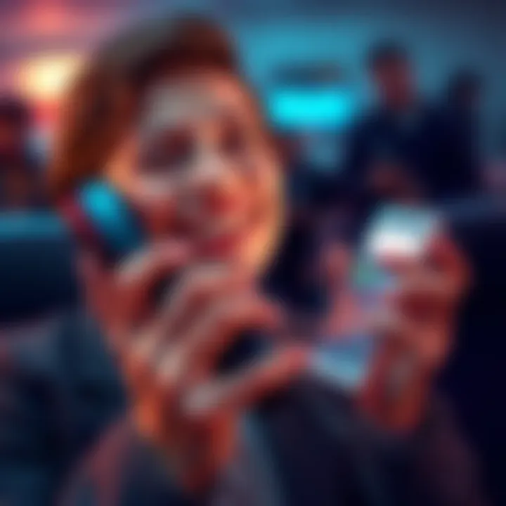 A person holding a phone, smiling and crying simultaneously, representing laughter and tears from a hotline call.