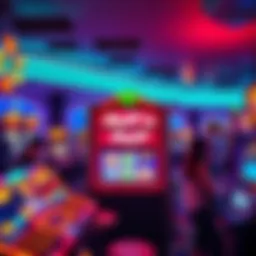 Casino scene with Huff n Puff slot machine A colorful casino floor featuring the Huff n Puff slot machine, with glowing lights and excited players around it