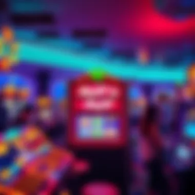 Casino scene with Huff n Puff slot machine A colorful casino floor featuring the Huff n Puff slot machine, with glowing lights and excited players around it